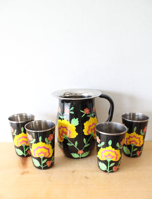 Ten Thousand Villages Black Hand Painted Stainless Steel Floral Pitcher & Cup Set