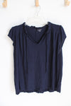 LOFT Navy Ruffled Sleeved V-Neck Rayon Top | L