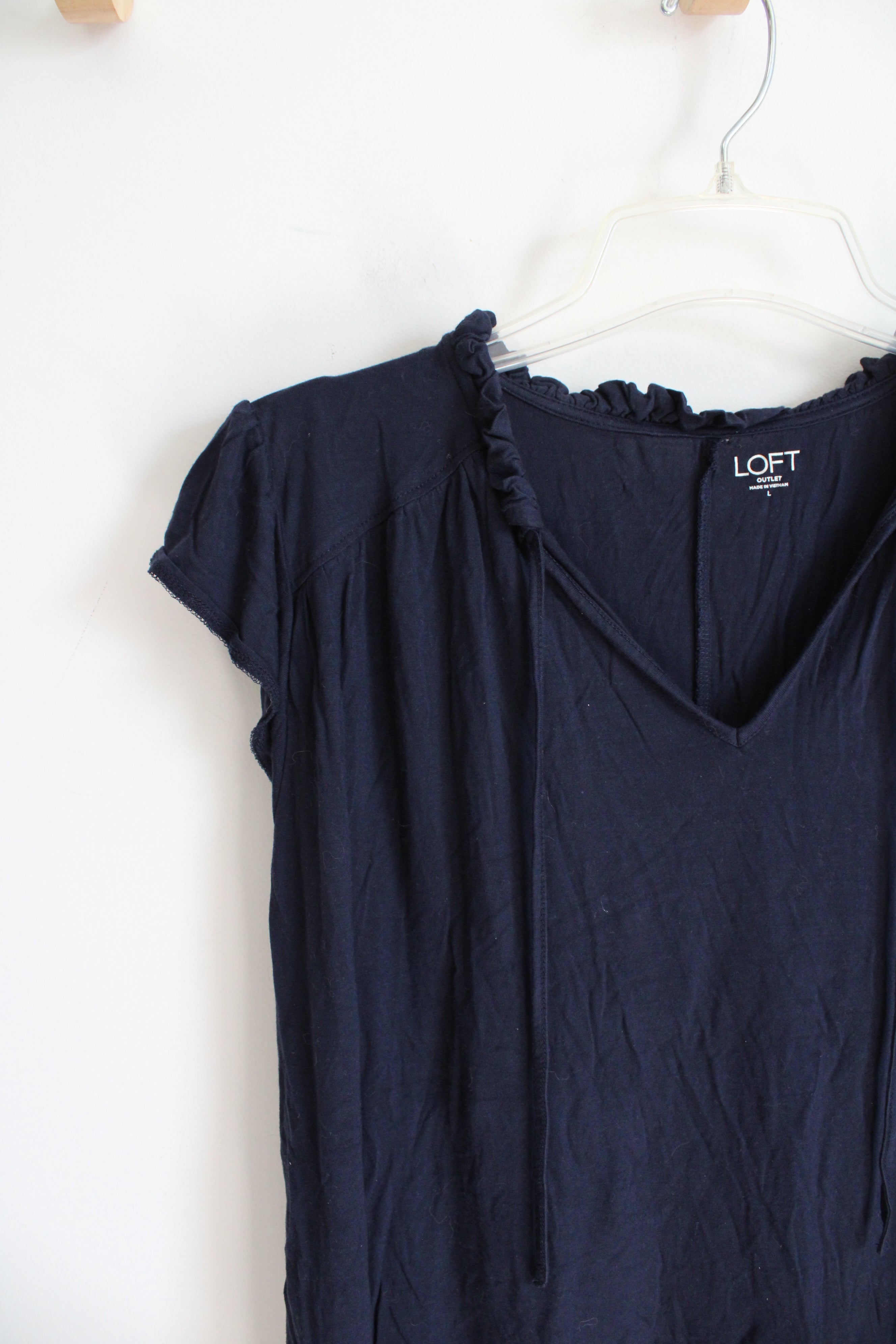 LOFT Navy Ruffled Sleeved V-Neck Rayon Top | L