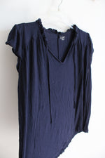 LOFT Navy Ruffled Sleeved V-Neck Rayon Top | L