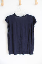 LOFT Navy Ruffled Sleeved V-Neck Rayon Top | L