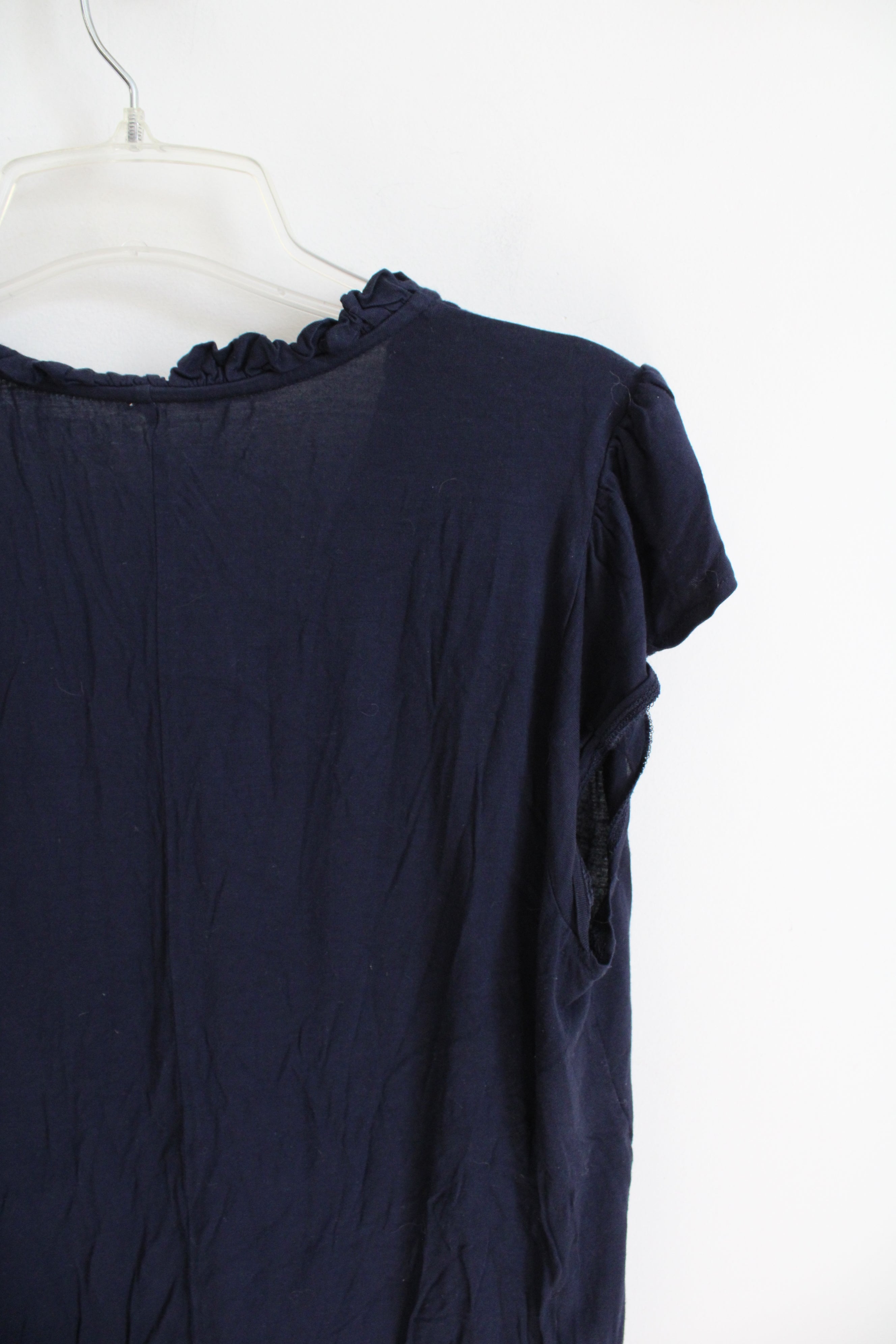 LOFT Navy Ruffled Sleeved V-Neck Rayon Top | L