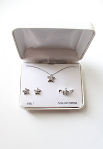 Sterling Silver Genuine Citrine Clear Rhinestone Star Necklace Earring & Ring Set