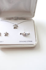 Sterling Silver Genuine Citrine Clear Rhinestone Star Necklace Earring & Ring Set