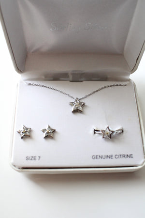 Sterling Silver Genuine Citrine Clear Rhinestone Star Necklace Earring & Ring Set