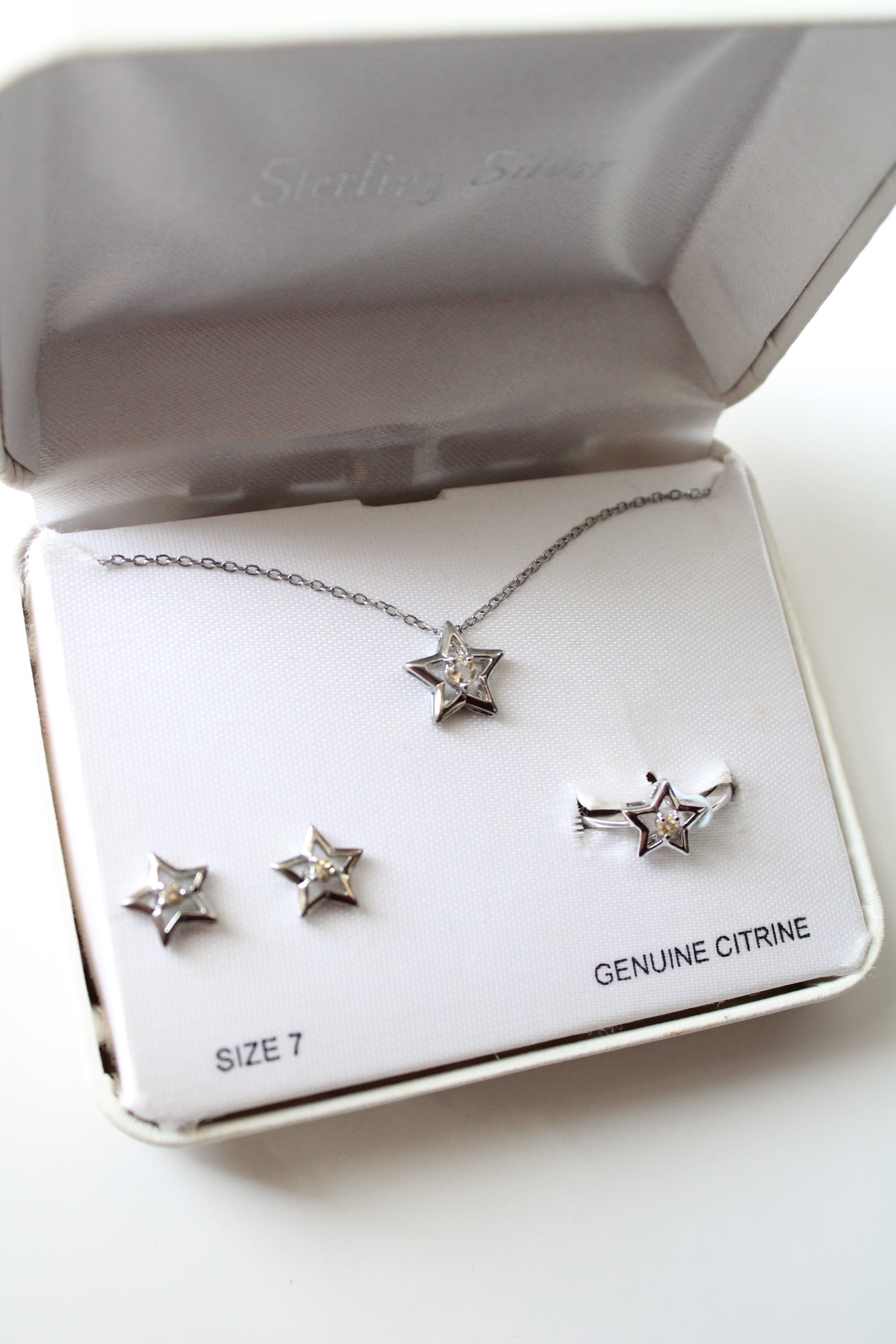 Sterling Silver Genuine Citrine Clear Rhinestone Star Necklace Earring & Ring Set