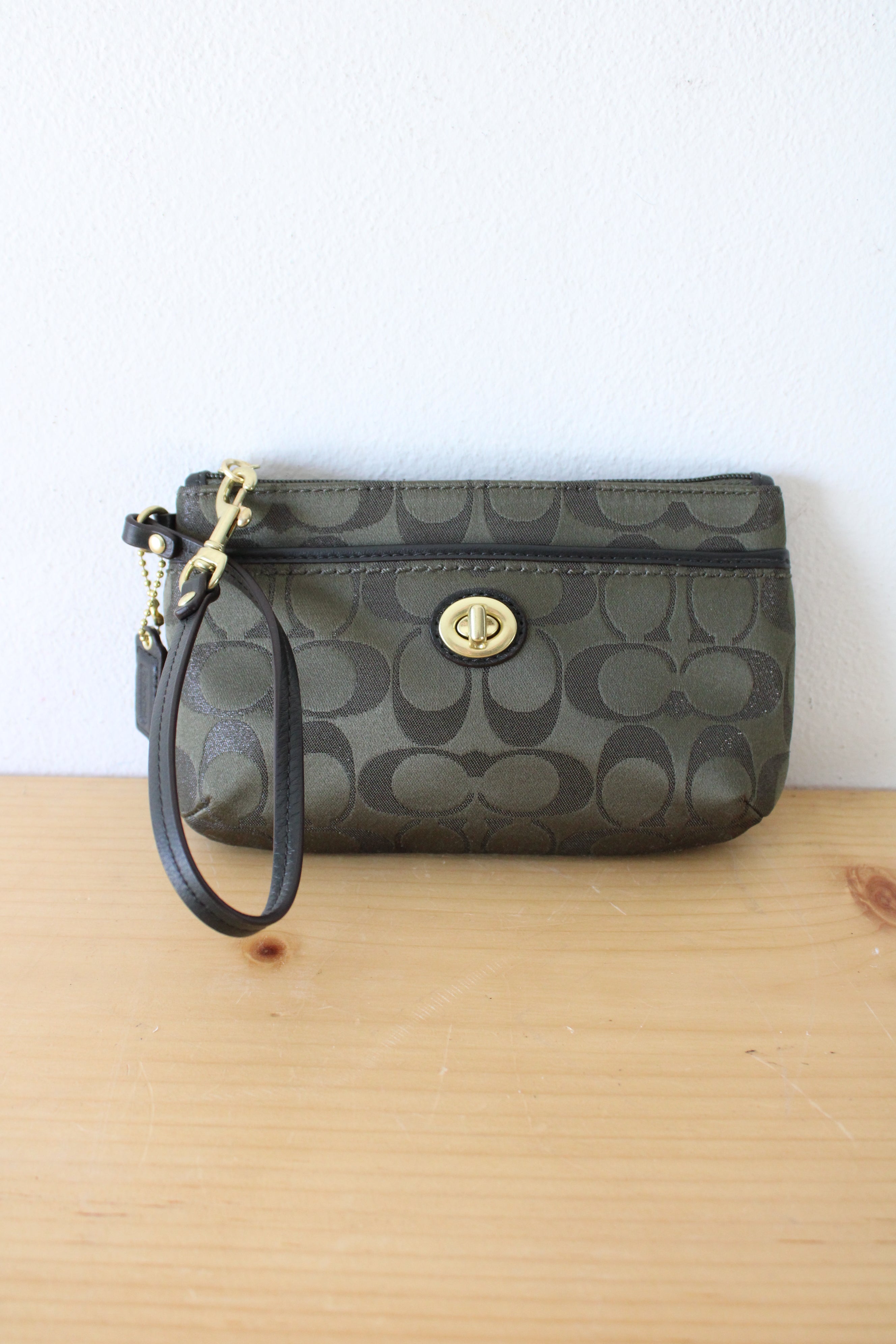 Coach Olive Green Shimmer Signature Kisslock Wristlet