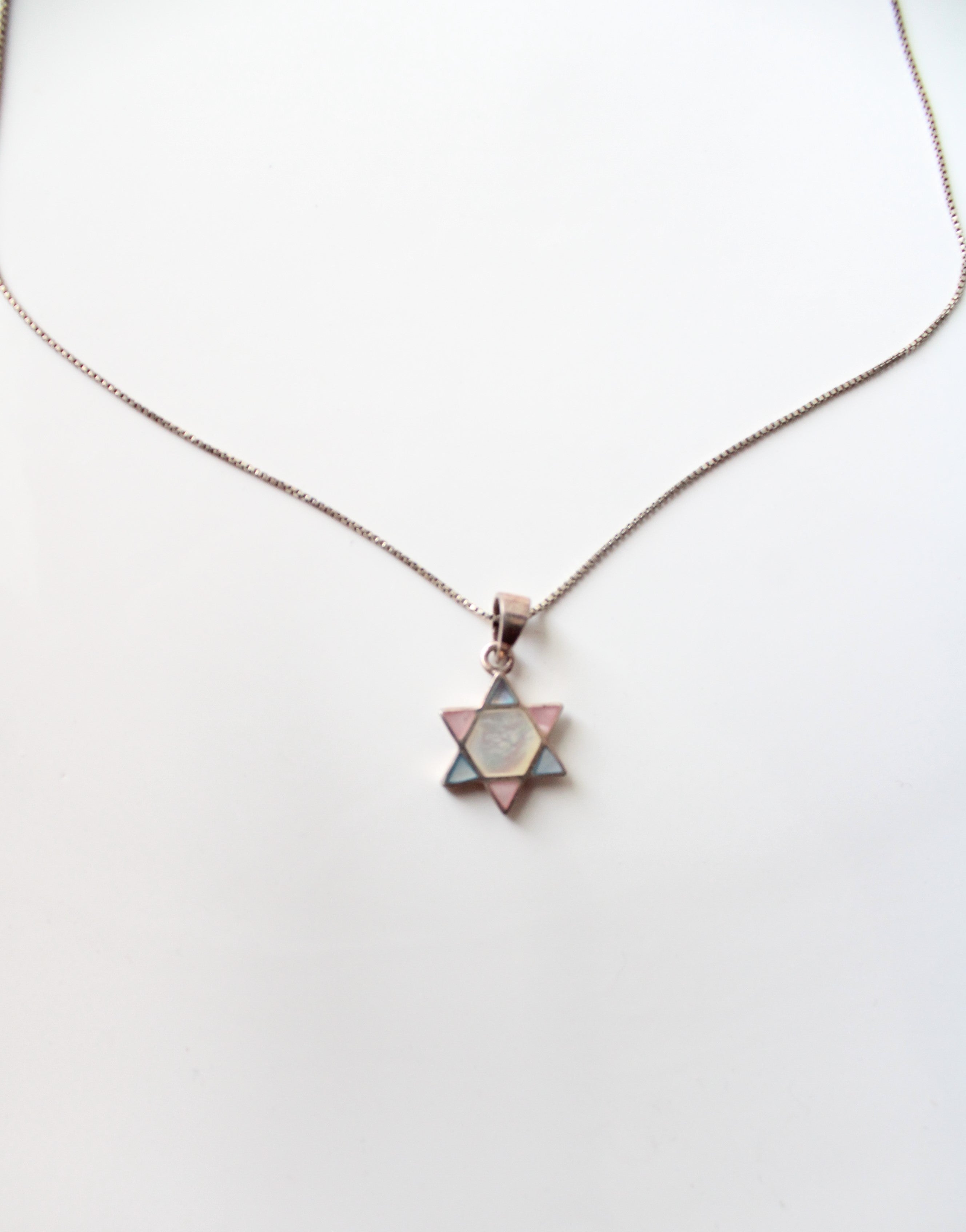 Pastel Blue & Pink Star Of David Sterling Silver Necklace