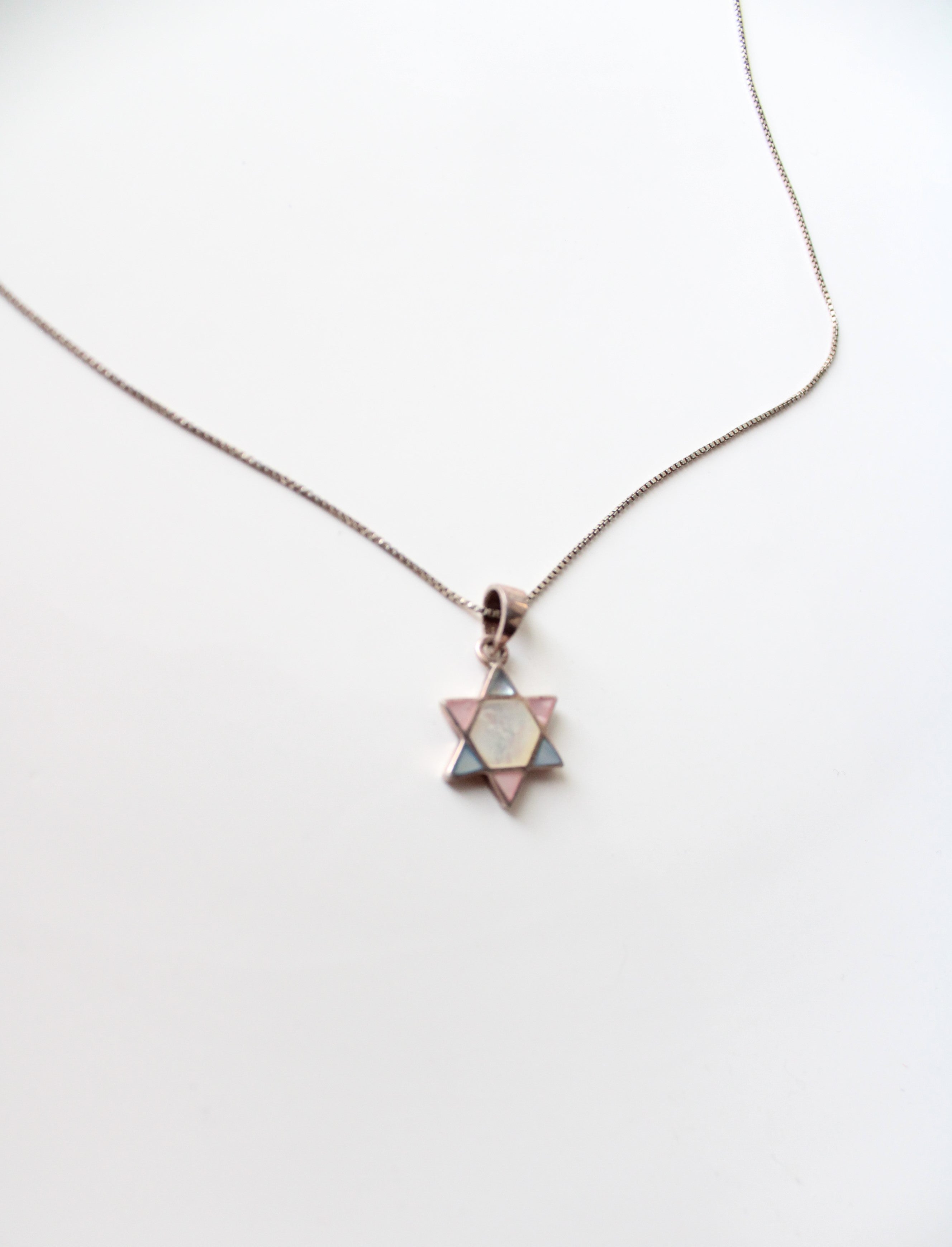 Pastel Blue & Pink Star Of David Sterling Silver Necklace