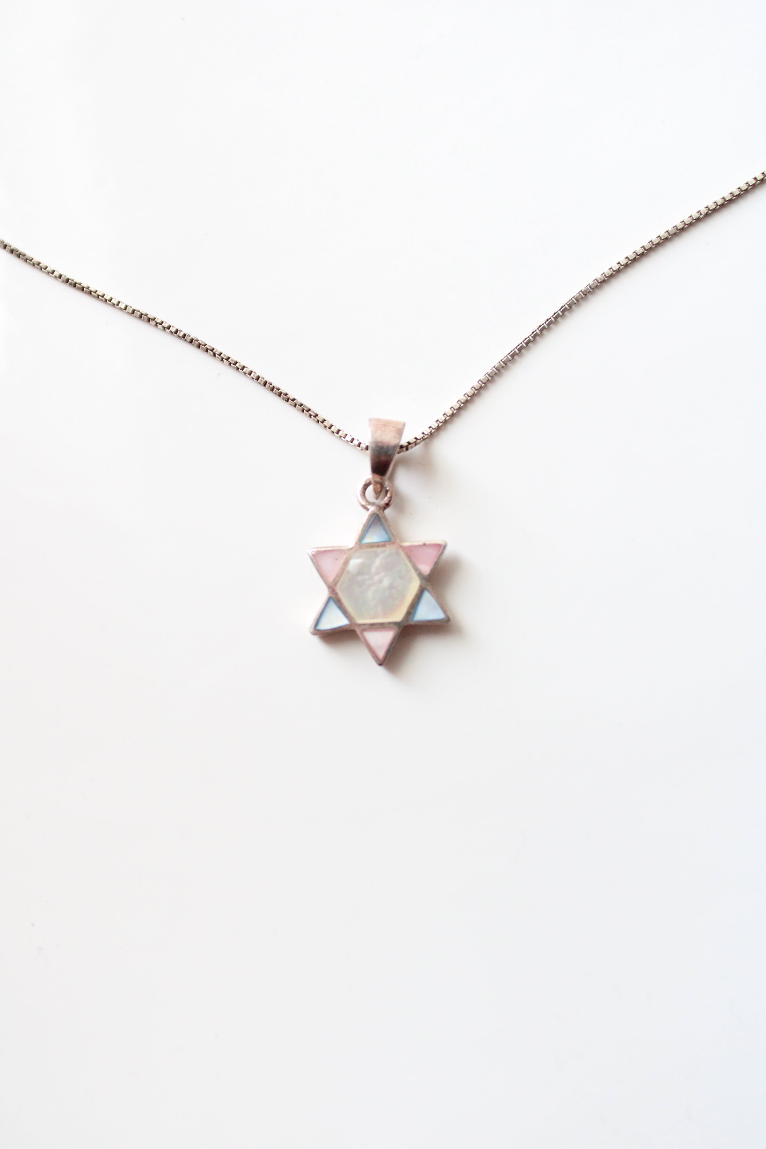 Pastel Blue & Pink Star Of David Sterling Silver Necklace