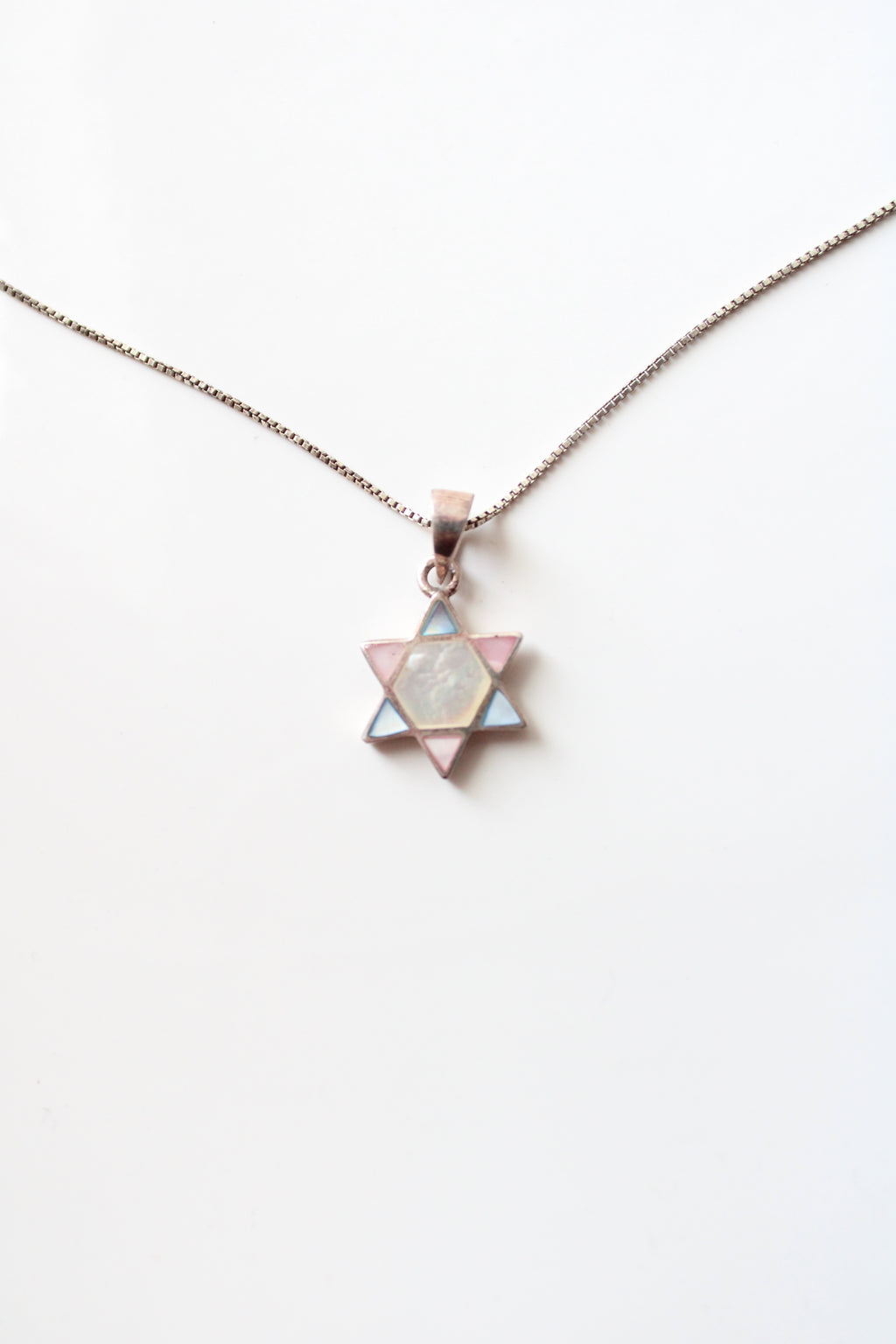 Pastel Blue & Pink Star Of David Sterling Silver Necklace