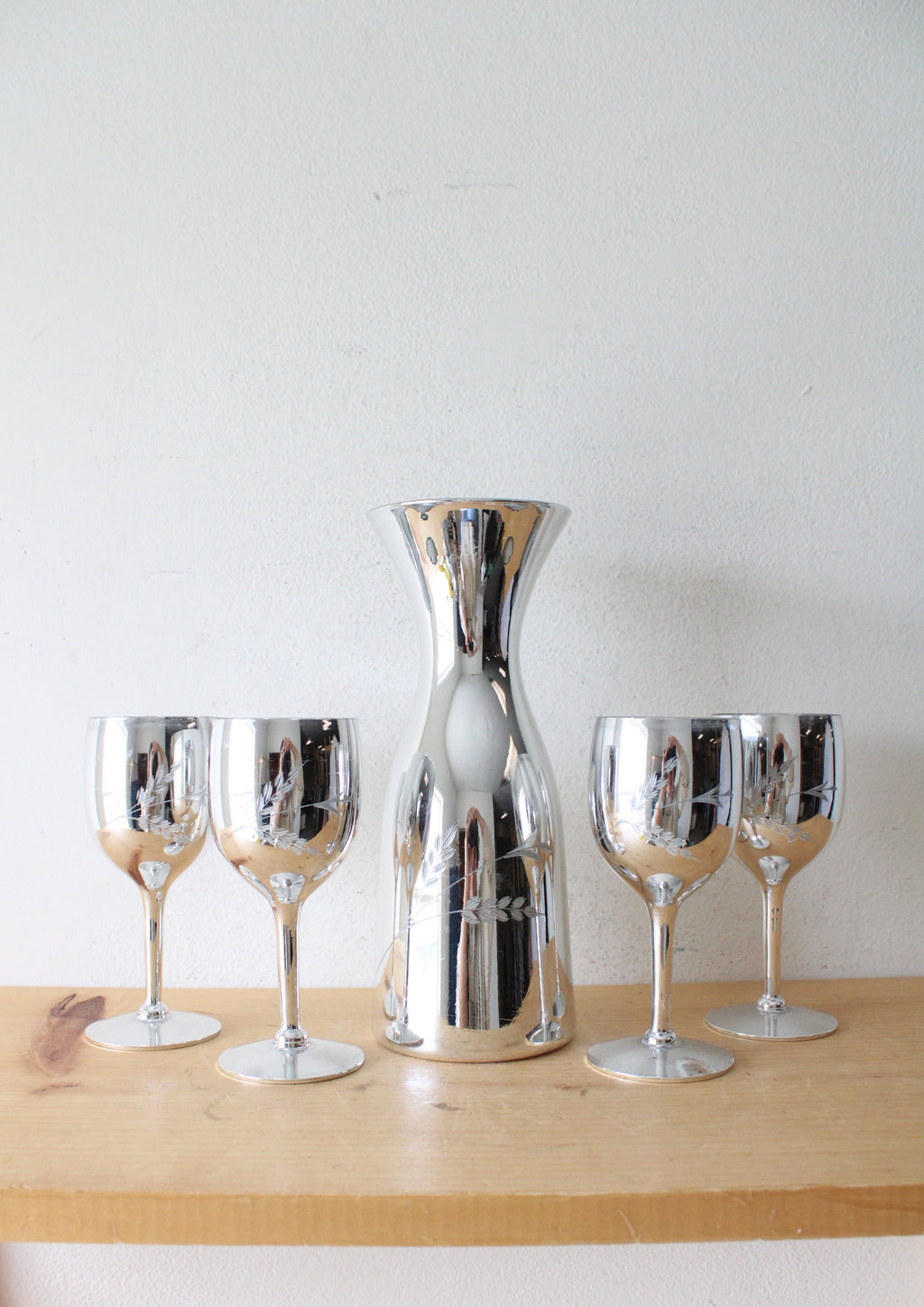 Mueller Candlelite Crystal Silver Hand Blown Hand Cut Carafe & Goblet Set