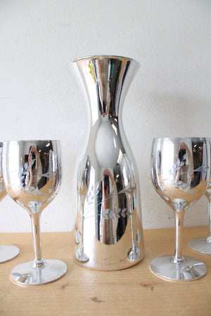 Mueller Candlelite Crystal Silver Hand Blown Hand Cut Carafe & Goblet Set