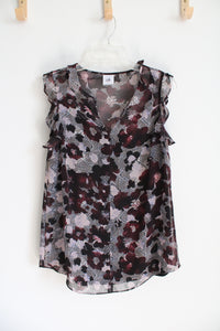 Cabi Burgundy Pink & Black Floral Ruffled Cap Sleeve Top | S