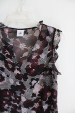 Cabi Burgundy Pink & Black Floral Ruffled Cap Sleeve Top | S