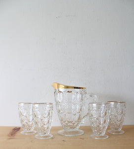 Vintage Jeanette Glass Gold Rimmed Thumbprint Pitcher & Glass Set