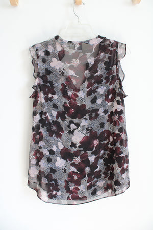 Cabi Burgundy Pink & Black Floral Ruffled Cap Sleeve Top | S