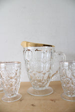 Vintage Jeanette Glass Gold Rimmed Thumbprint Pitcher & Glass Set