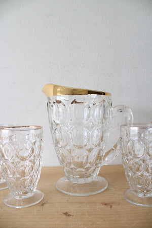 Vintage Jeanette Glass Gold Rimmed Thumbprint Pitcher & Glass Set