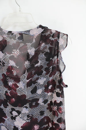 Cabi Burgundy Pink & Black Floral Ruffled Cap Sleeve Top | S