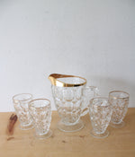 Vintage Jeanette Glass Gold Rimmed Thumbprint Pitcher & Glass Set