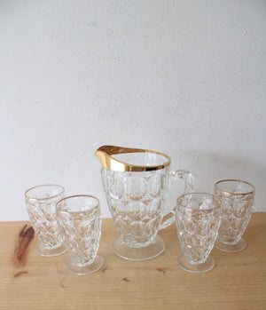 Vintage Jeanette Glass Gold Rimmed Thumbprint Pitcher & Glass Set