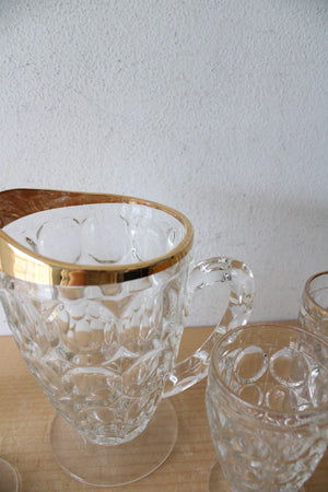 Vintage Jeanette Glass Gold Rimmed Thumbprint Pitcher & Glass Set