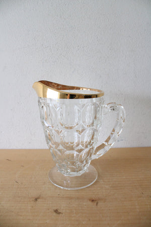 Vintage Jeanette Glass Gold Rimmed Thumbprint Pitcher & Glass Set