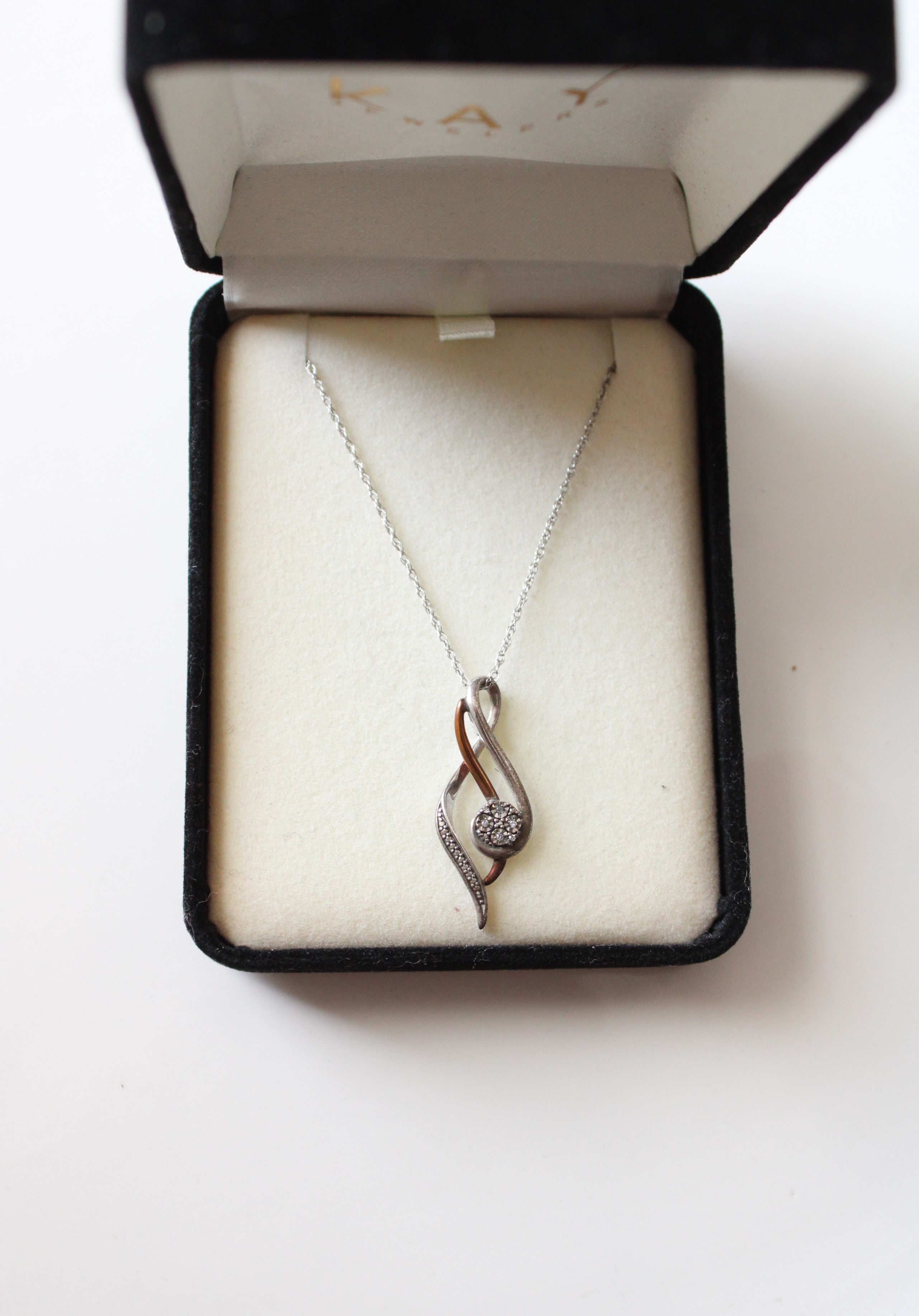 10K Sterling Silver Two-Toned Rhinestone Twist Pendant Necklace