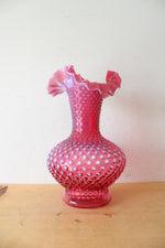 Vintage Fenton Cranberry Hobnail Ruffled Vase