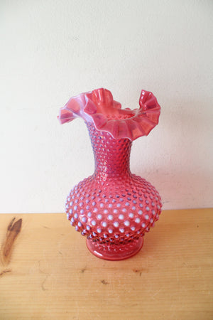Vintage Fenton Cranberry Hobnail Ruffled Vase