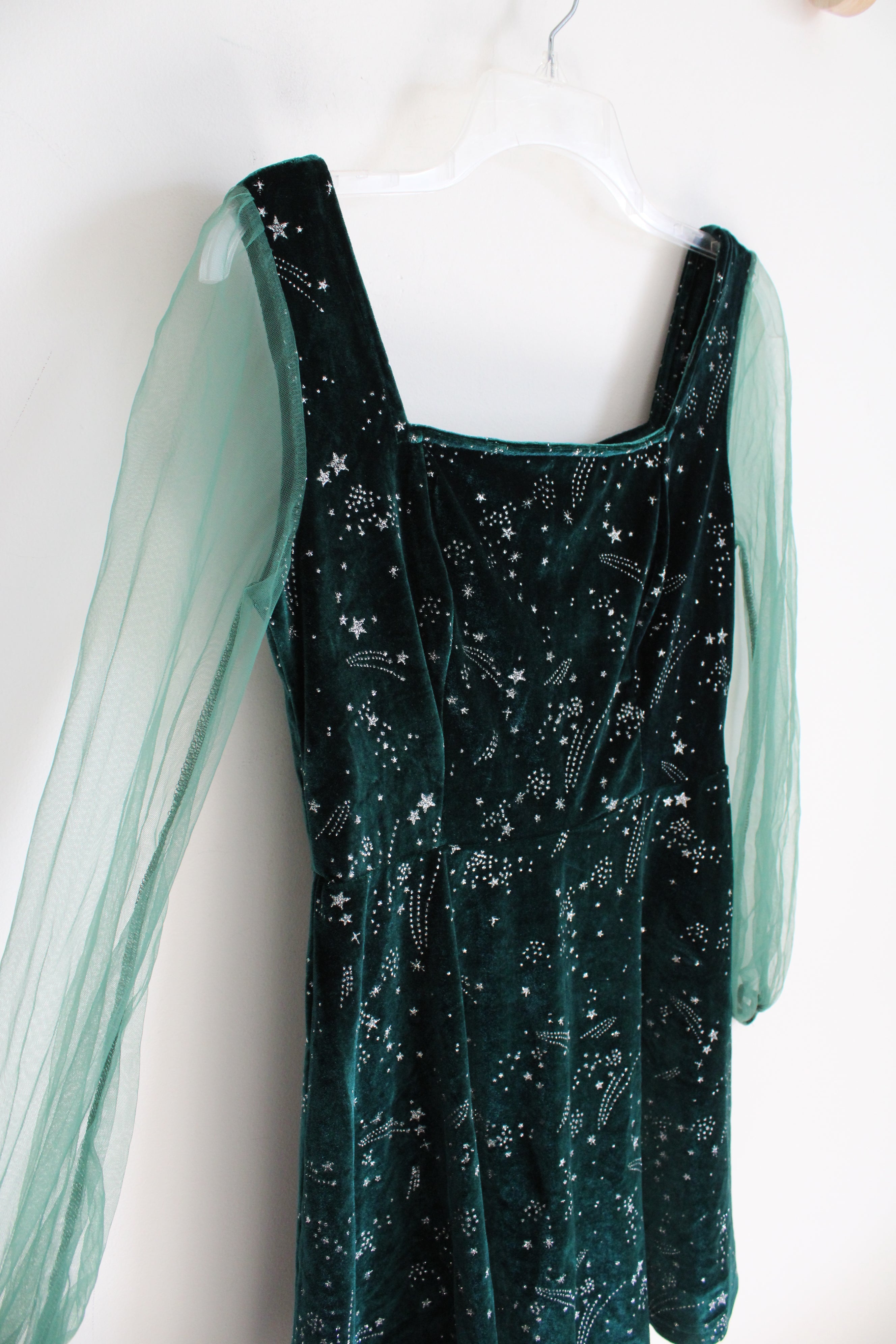 Emerald Green Silver Shooting Star Patterned Dress | S