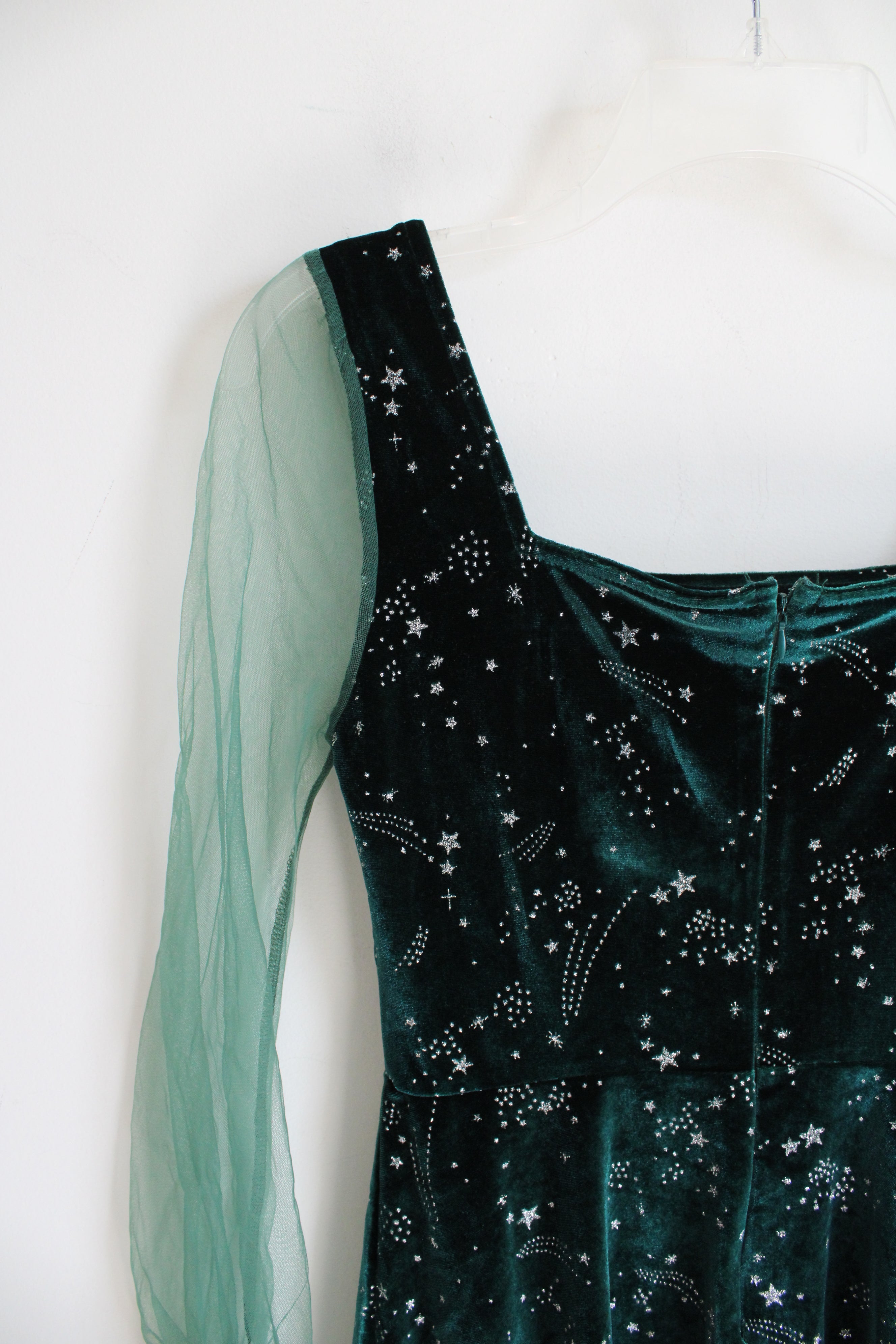 Emerald Green Silver Shooting Star Patterned Dress | S