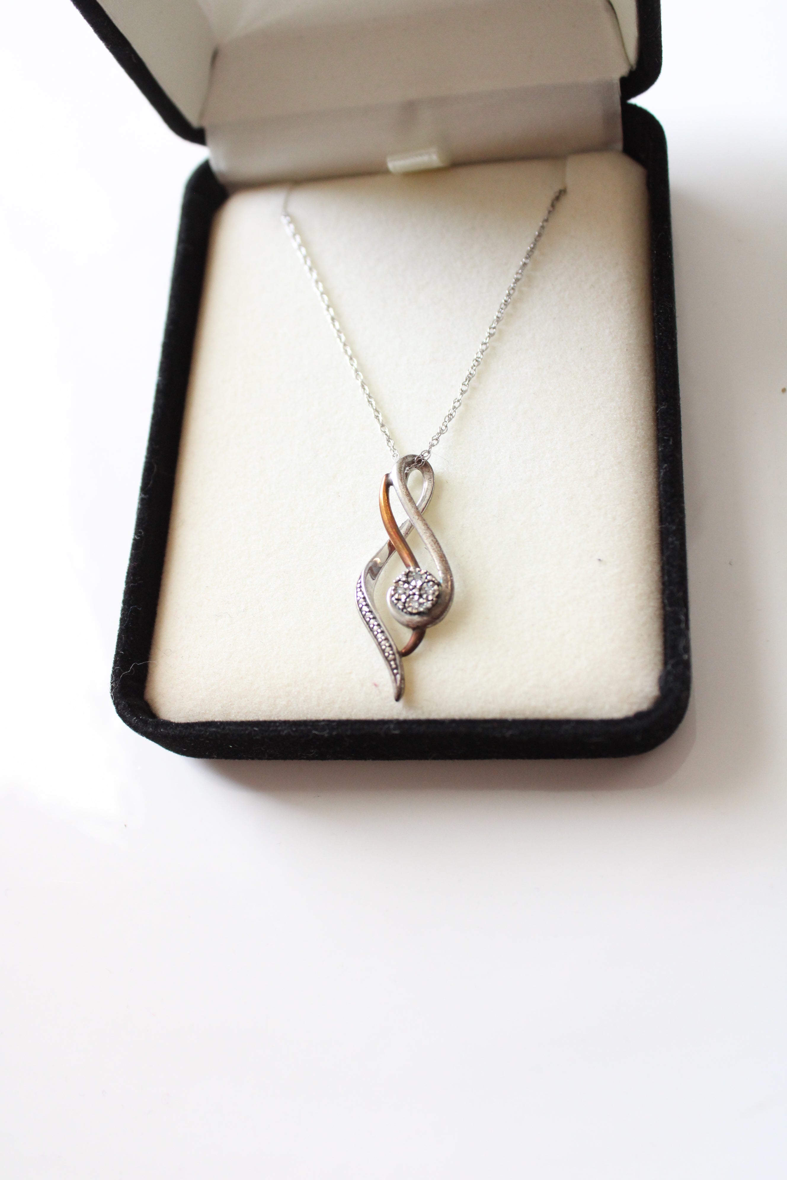 10K Sterling Silver Two-Toned Rhinestone Twist Pendant Necklace