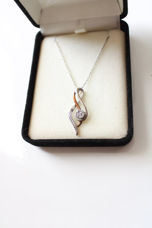 10K Sterling Silver Two-Toned Rhinestone Twist Pendant Necklace