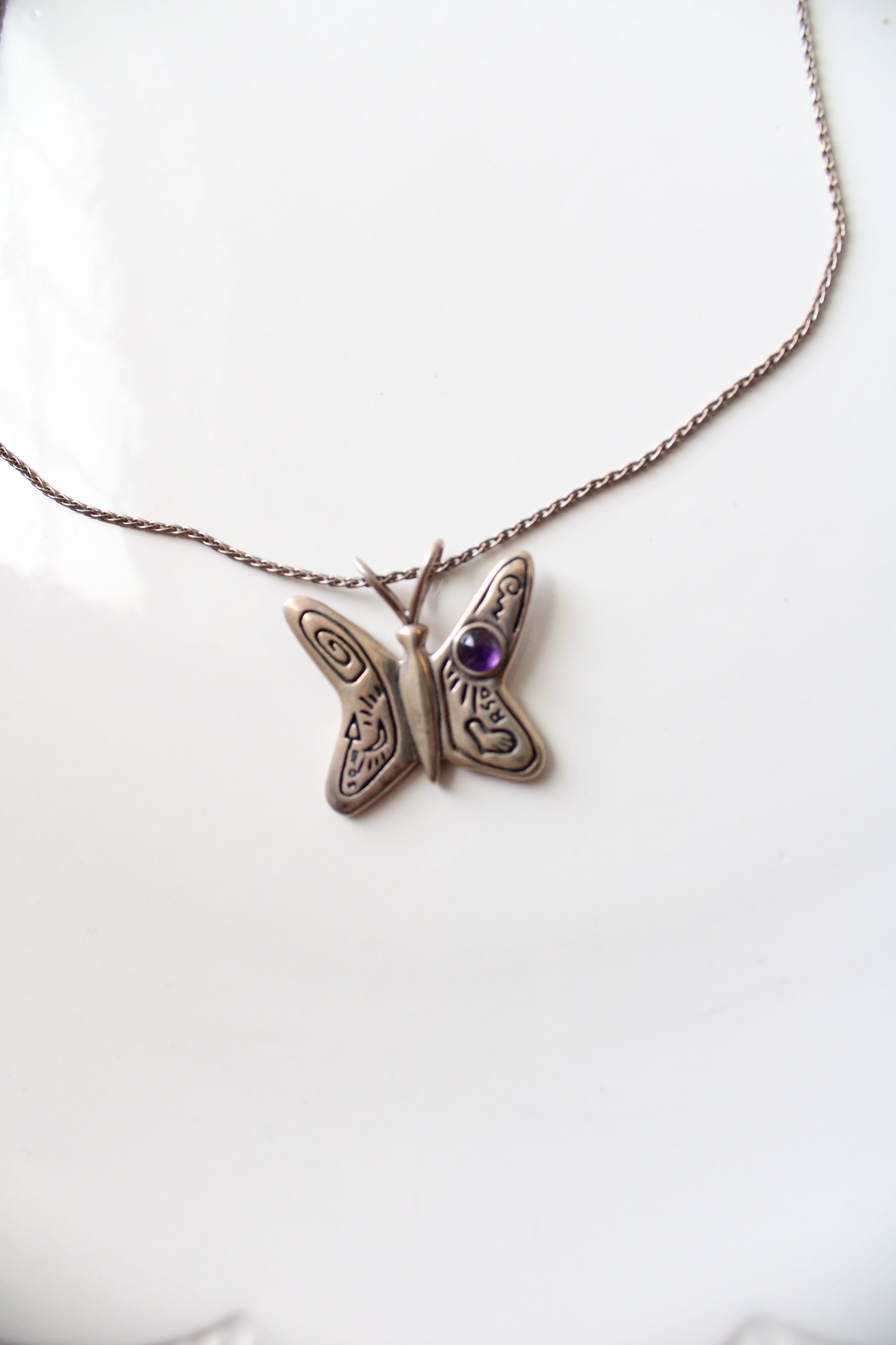 Purple Stone Engraved Sterling Silver Butterfly Necklace