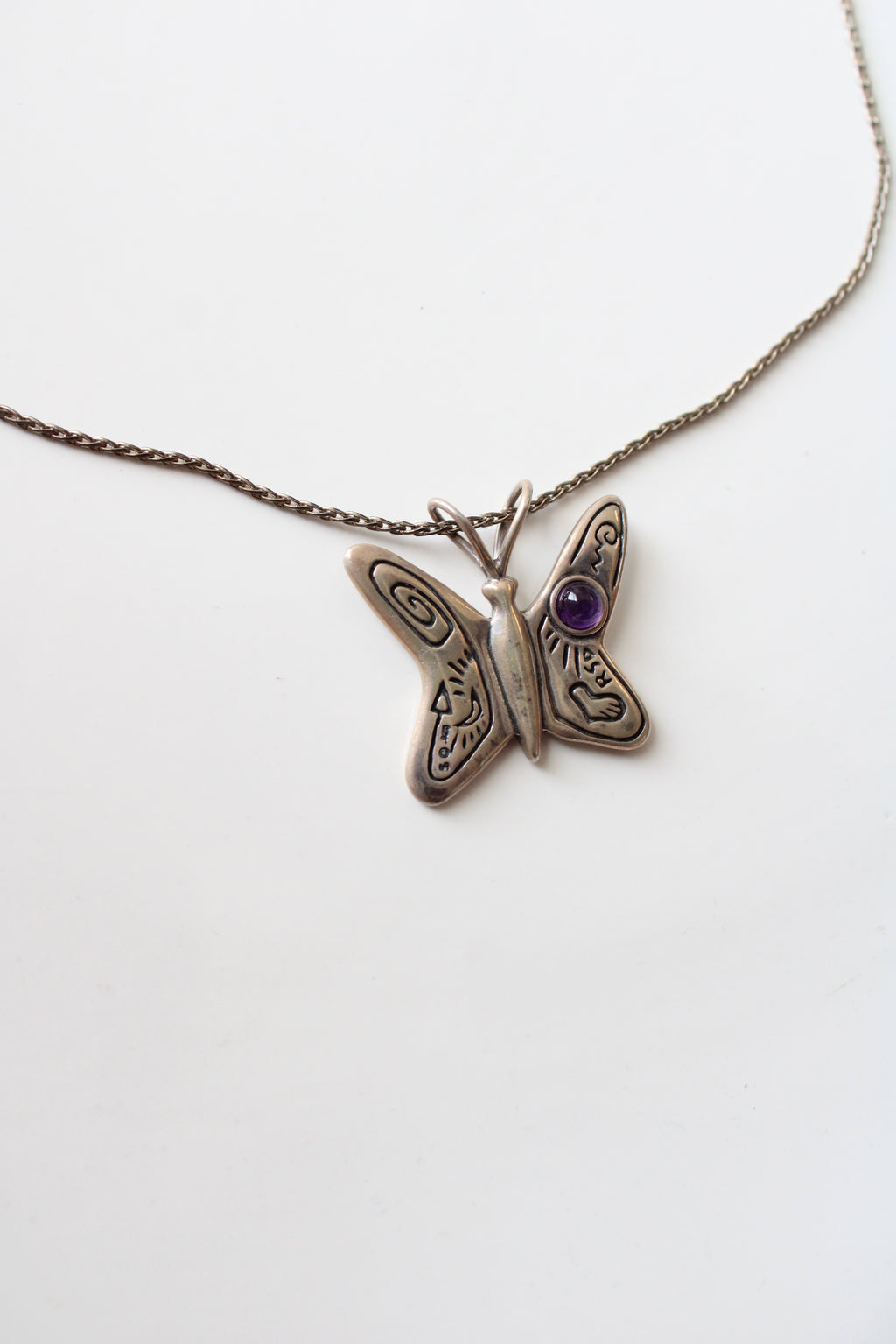 Purple Stone Engraved Sterling Silver Butterfly Necklace