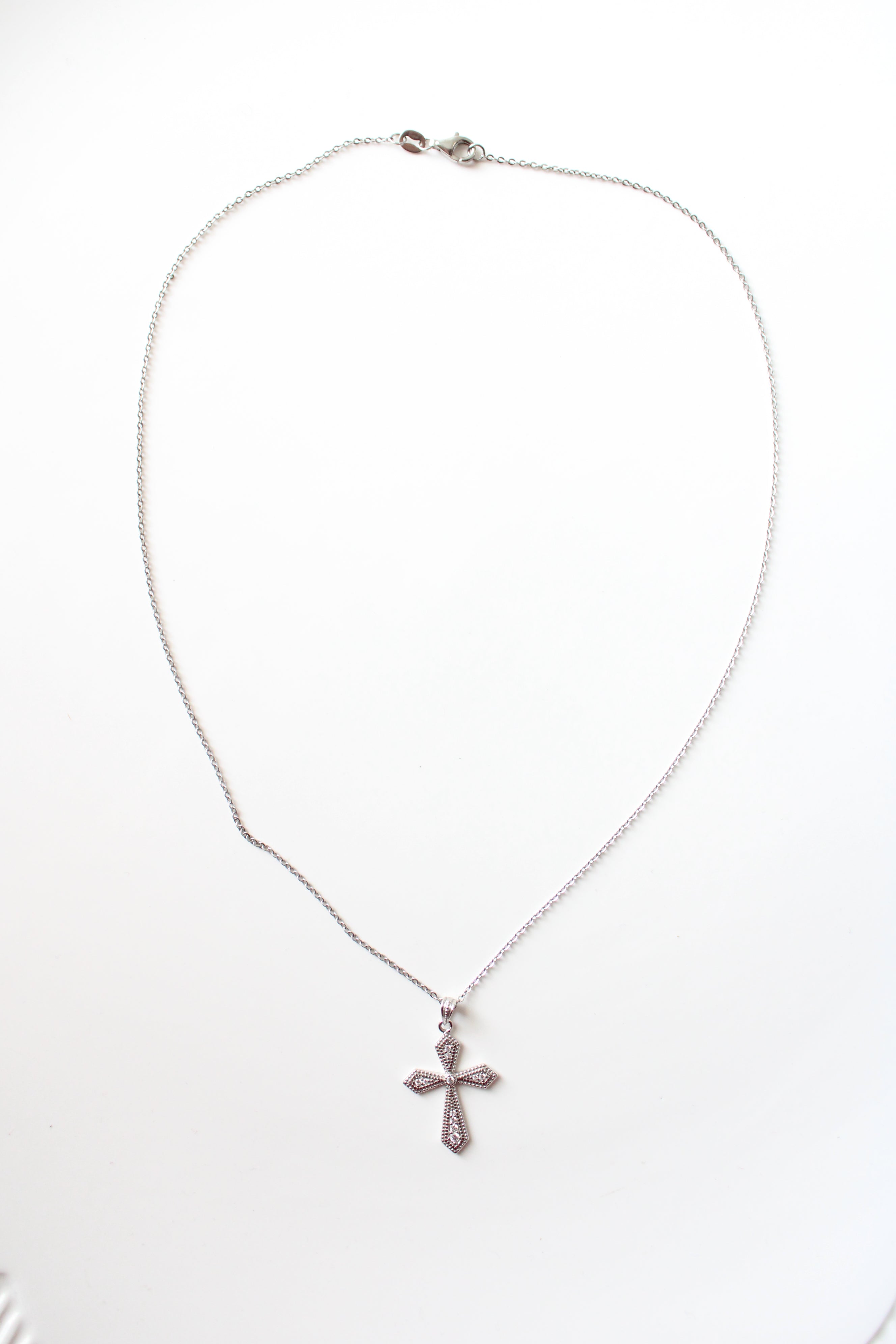 Clear Rhinestone Sterling Silver Cross Necklace