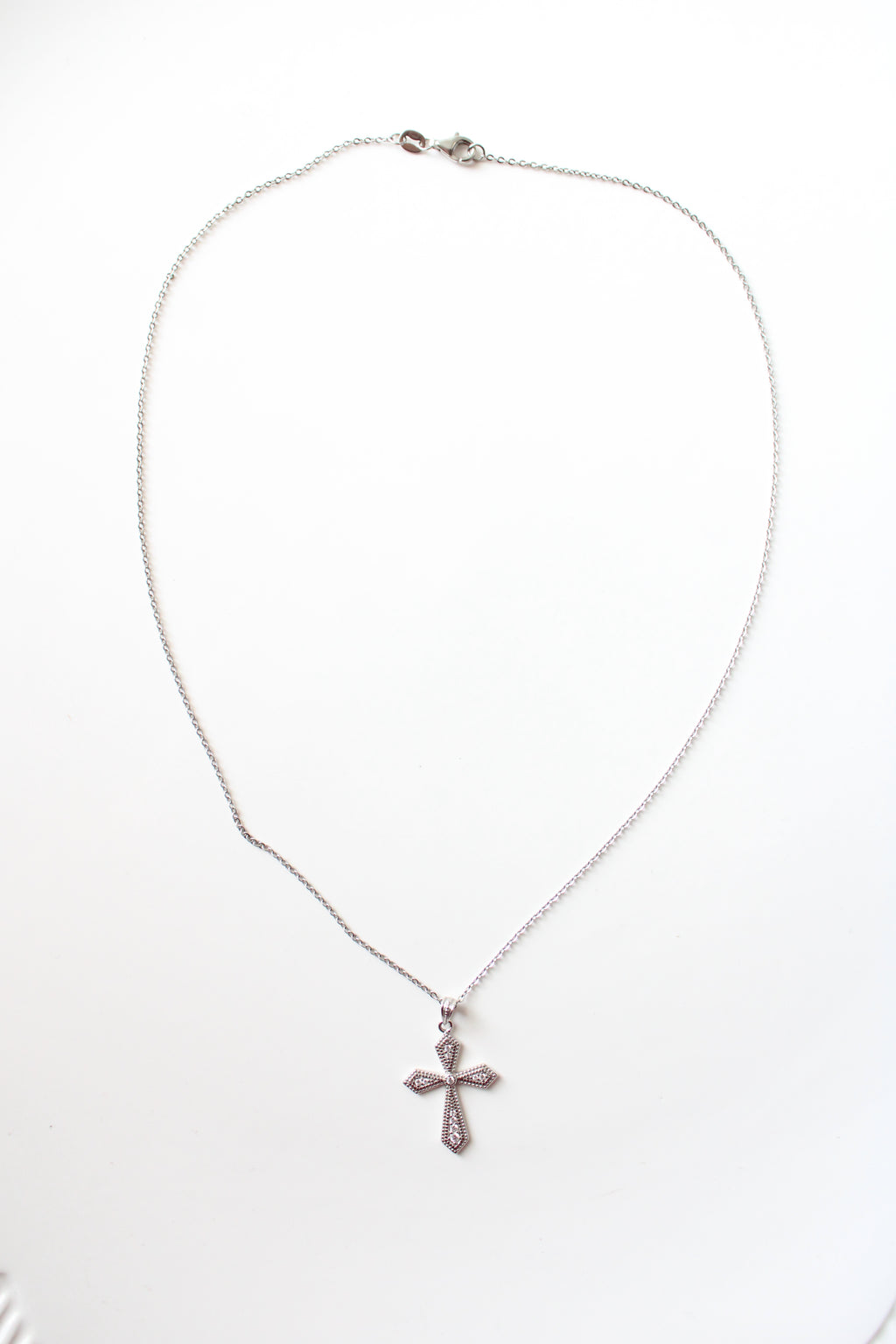 Clear Rhinestone Sterling Silver Cross Necklace