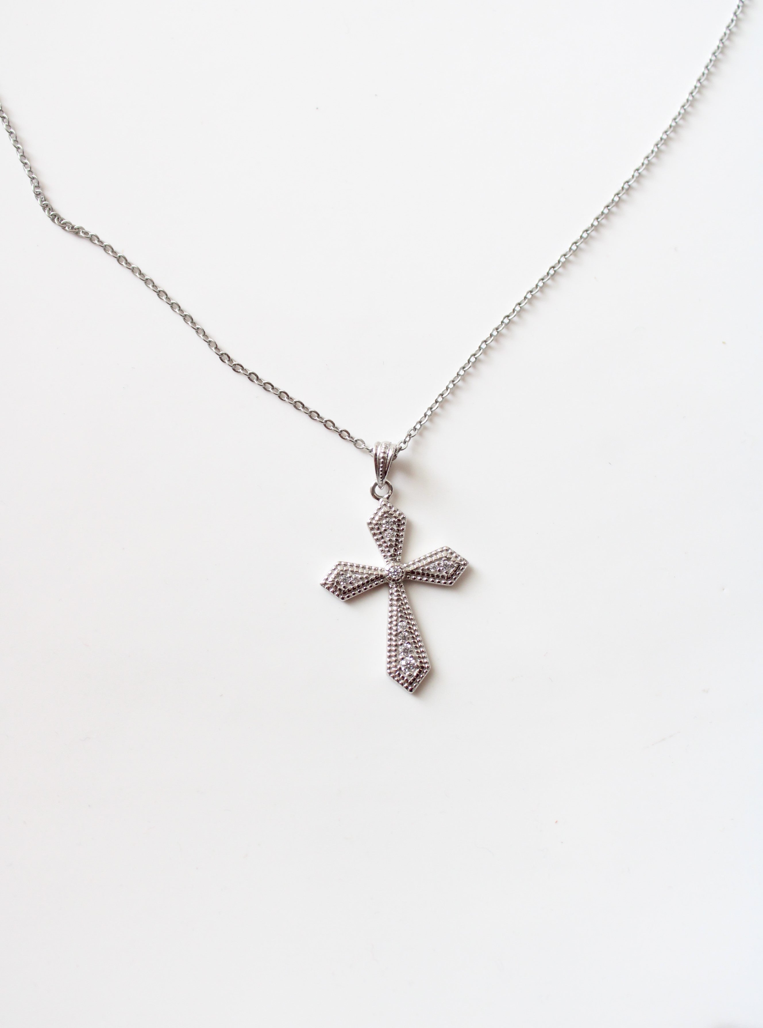 Clear Rhinestone Sterling Silver Cross Necklace