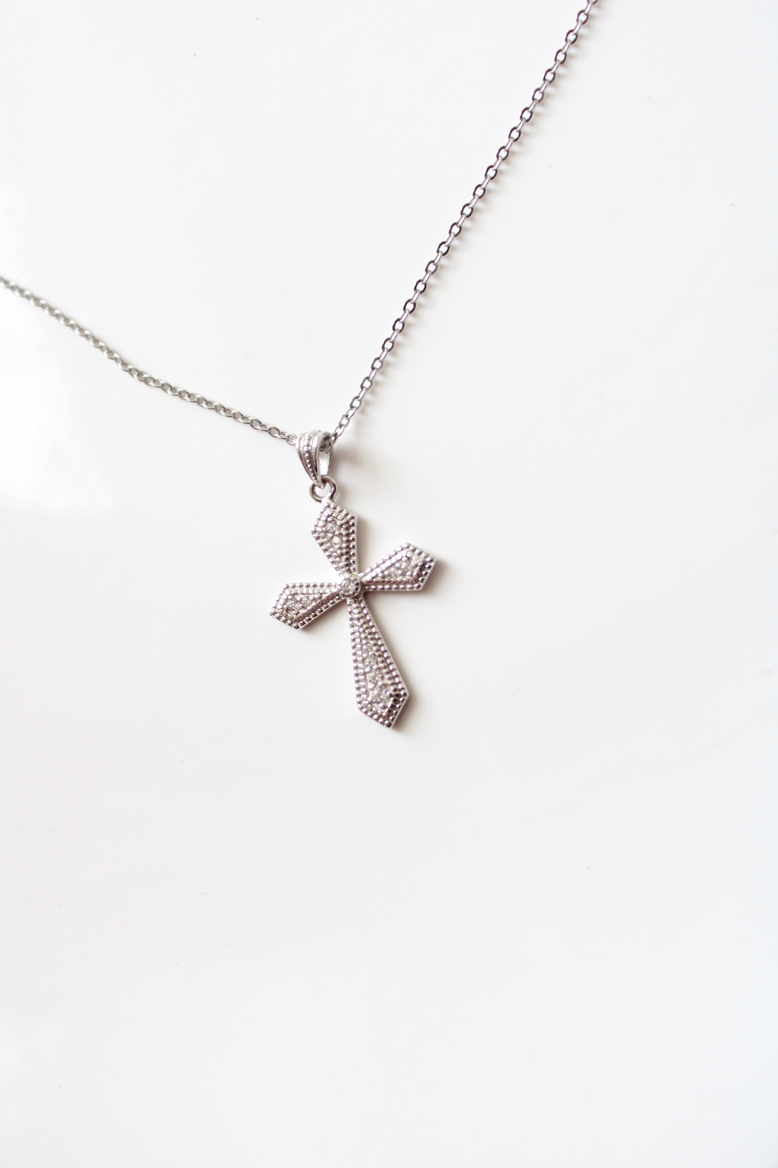 Clear Rhinestone Sterling Silver Cross Necklace