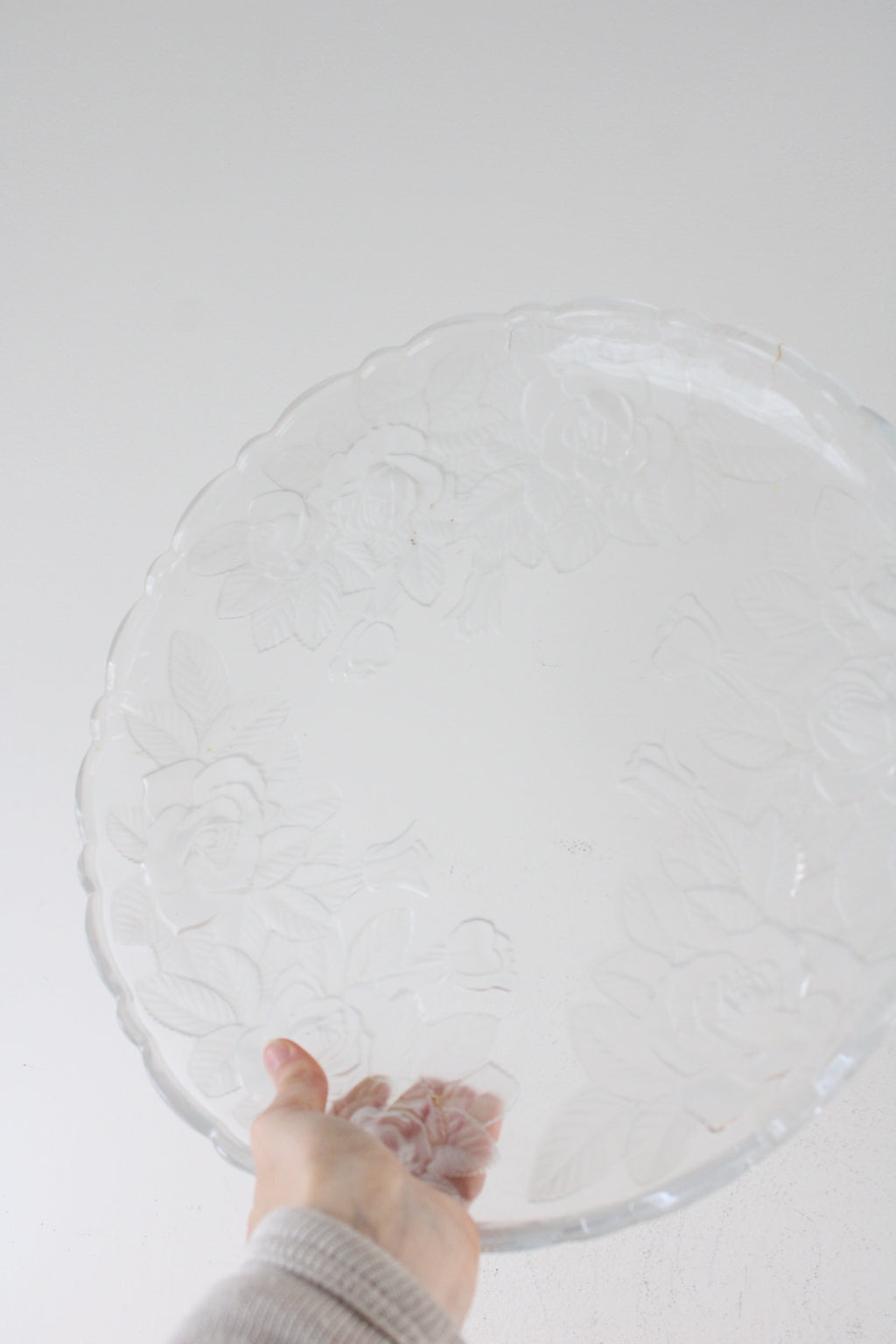 Frosted Glass Etched Rose 14" Clear Glass Platter