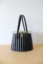 Vintage Lucite Elsa Etched Lid Black Ribbed Purse