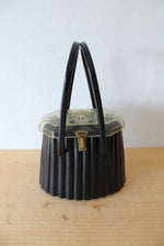 Vintage Lucite Elsa Etched Lid Black Ribbed Purse