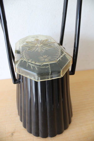 Vintage Lucite Elsa Etched Lid Black Ribbed Purse