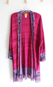 Ruby Rd. Magenta & Blue Floral Patterned Fringe Cardigan | 2X