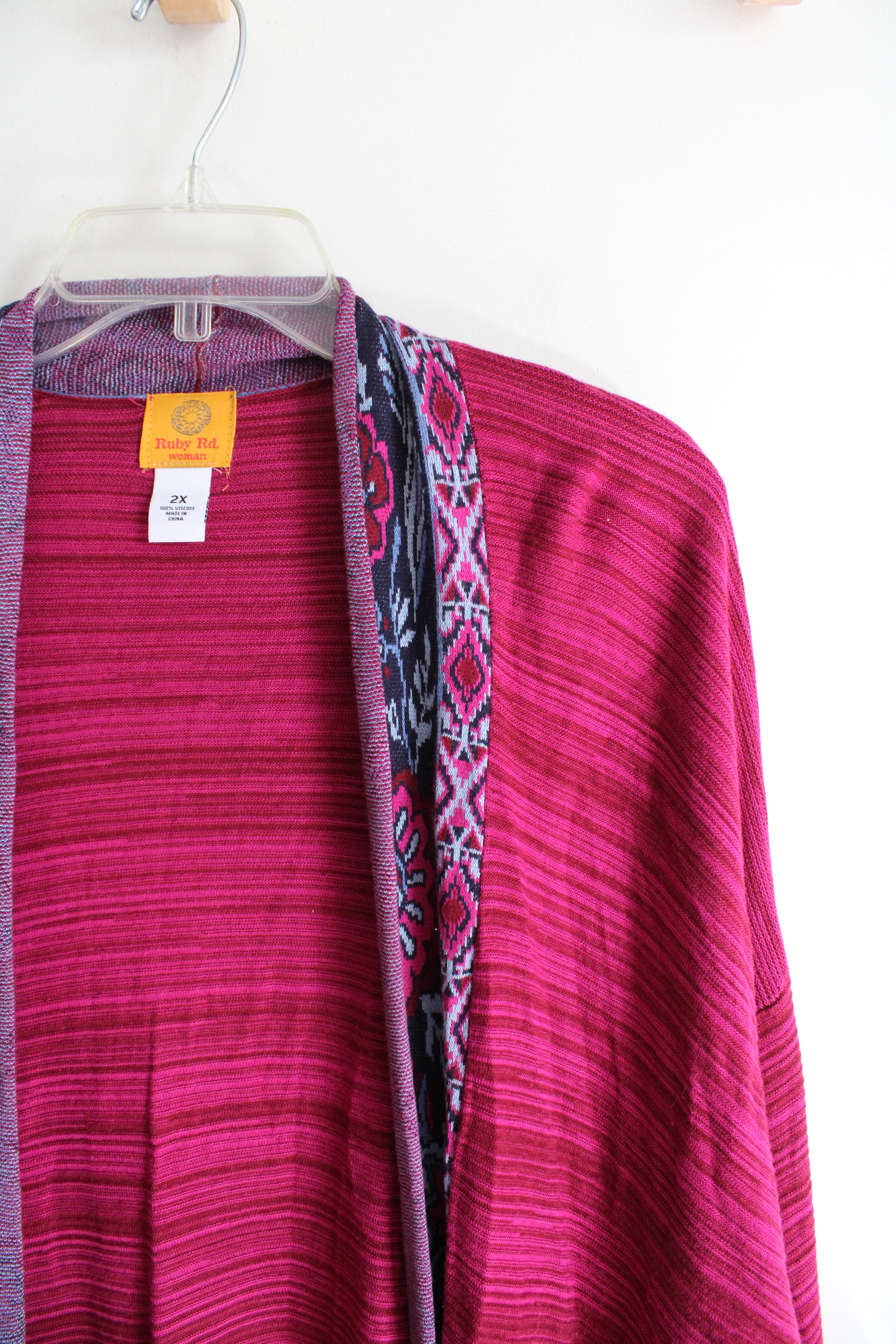 Ruby Rd. Magenta & Blue Floral Patterned Fringe Cardigan | 2X