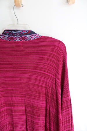 Ruby Rd. Magenta & Blue Floral Patterned Fringe Cardigan | 2X