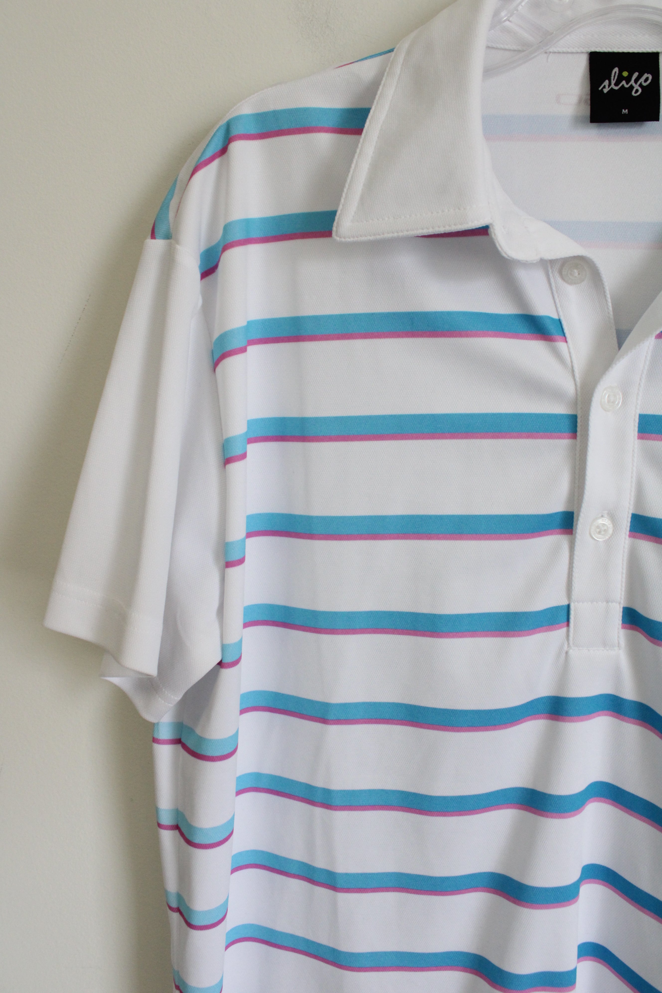 White Blue Pink Striped Polo Shirt | M