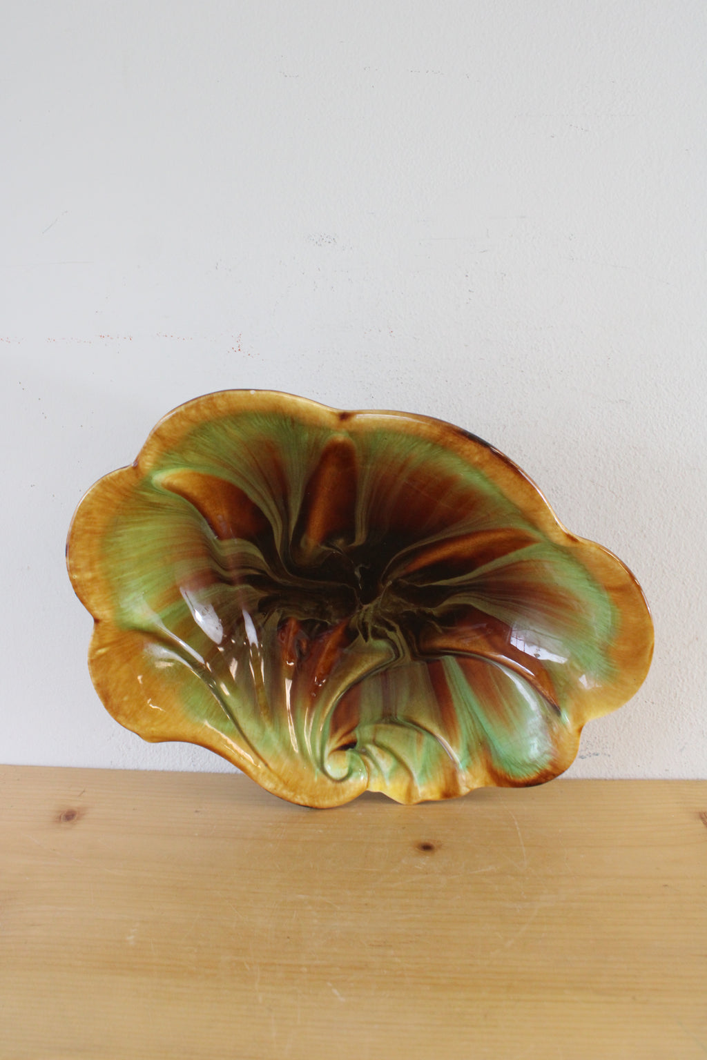 Scalloped Edge Brown & Green Swirl Glazed Oval Bowl